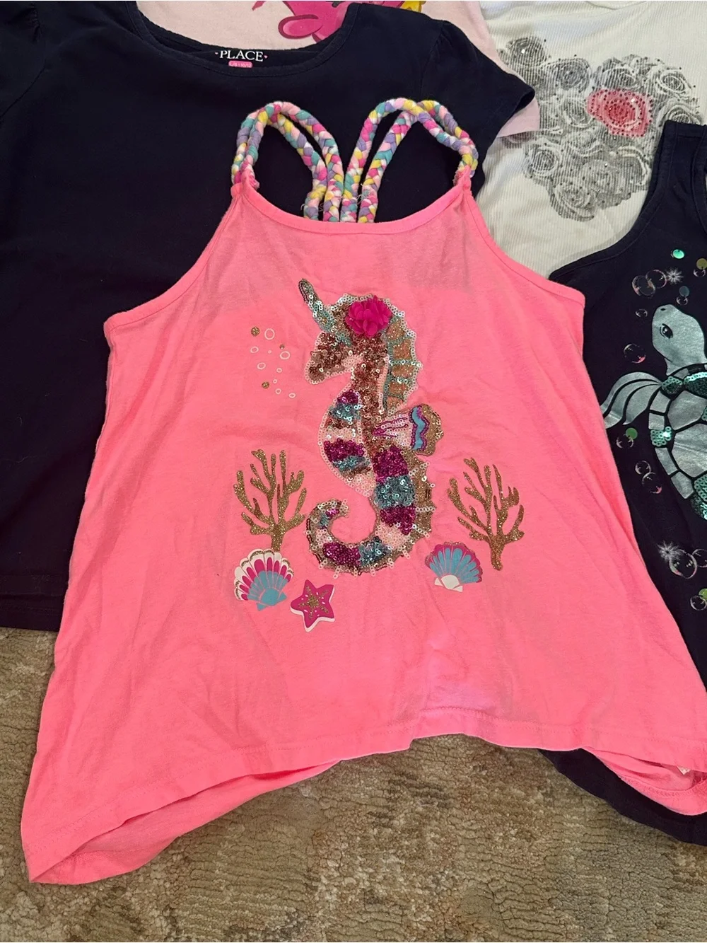 Justice. Sea turtle, Seahorse, Black, White & Fuchsia Tank Top Mix (9 Total)